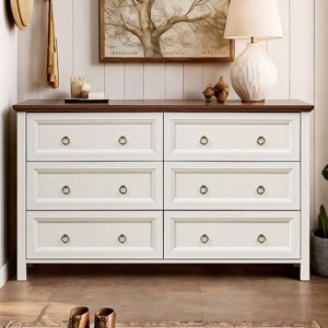Resenkos Farmhouse 6 Drawers Dresser for Bedroom, Wood Vintage Wide Storage Dressers Organizer, Antique White - 1 of 4