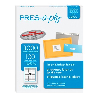 PRES-a-ply Permanent-Adhesive Address Labels For Laser and Inkjet Printers, 1 x 2-5/8 Inches, White, Box of 3000