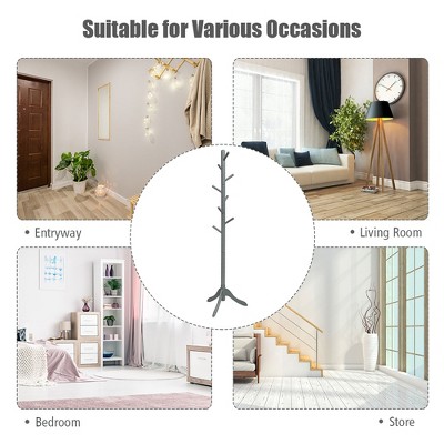 Gray Rubber Wood Adjustable Height Coat Rack with 8 Hooks