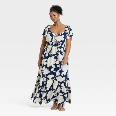 Women's Flutter Short Sleeve Tiered Maxi Empire Waist Dress - Ava & Viv™ Navy Blue Floral 2X