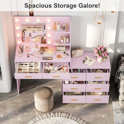 61" Makeup Vanity with Mirror & Lights - 3 Color Modes, 8 Drawers & 2 Shelves, Adjustable Brightness for Bedroom