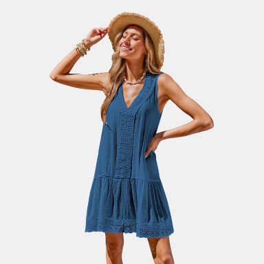 Cupshe Women's Boho Chic Lace Trim Tiered Cover-up Dress-L-Blue : Target