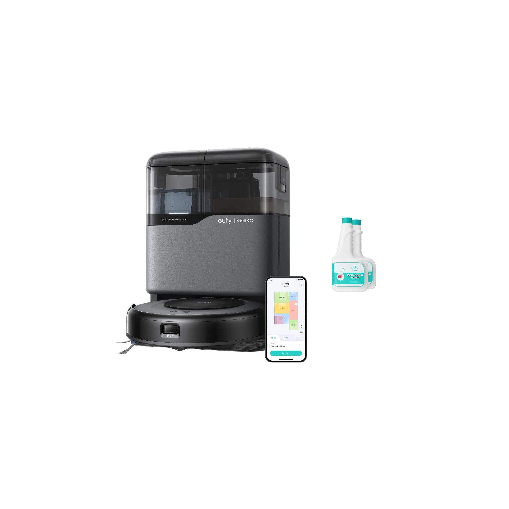 eufy Robot Vacuum C20 and Mop Combo, Self Emptying, Auto Mop Washing & Drying, 3.35" Ultra Slim, Transparent Tanks + Official Floor Cleaning Solution
