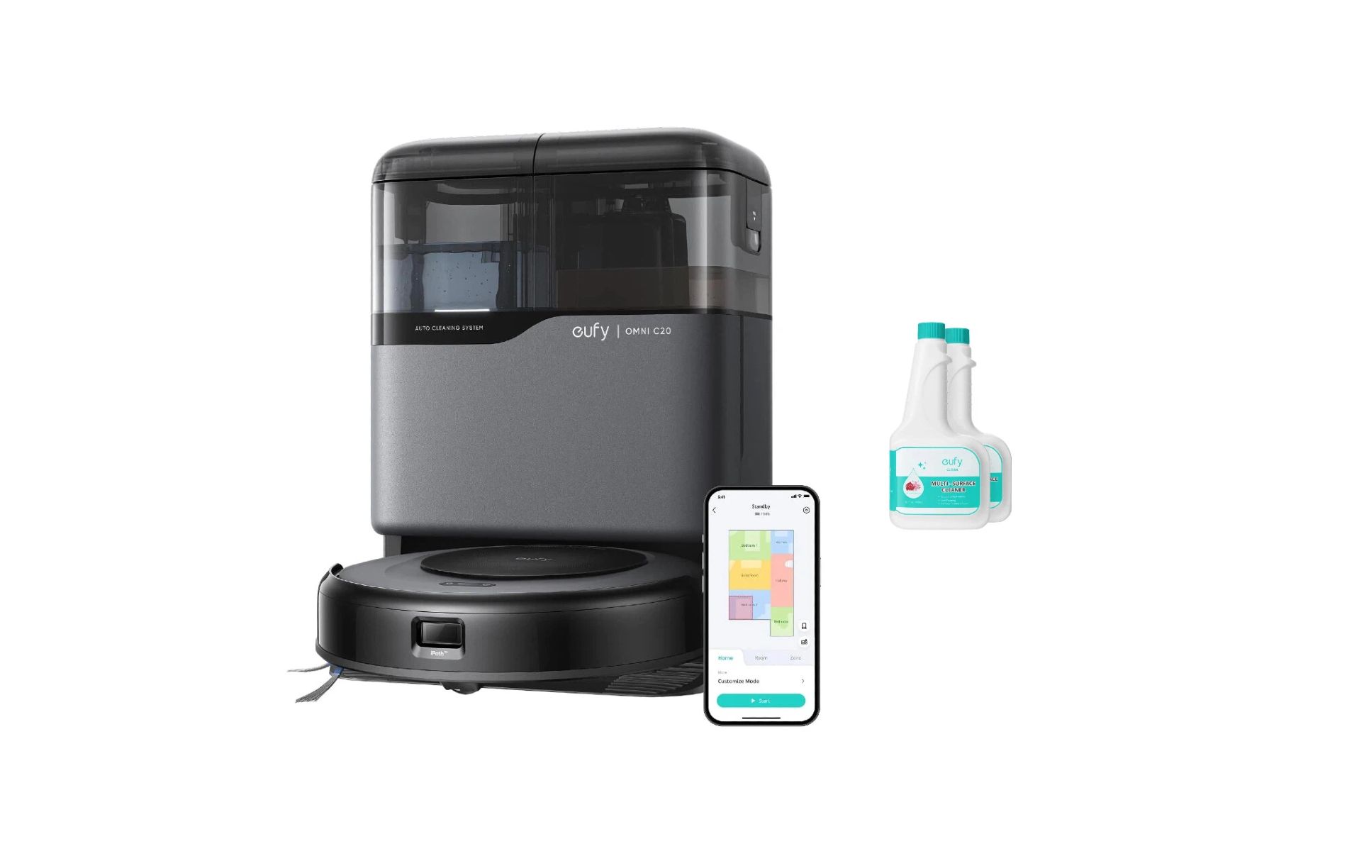 eufy Robot Vacuum C20 and Mop Combo, Self Emptying, Auto Mop Washing & Drying, 3.35" Ultra Slim, Transparent Tanks + Official Floor Cleaning Solution
