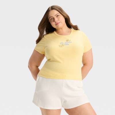 Women's "La Dolce Vita" Pointelle Short Sleeve Graphic Baby T-Shirt - Light Yellow