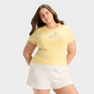 Women's "La Dolce Vita" Pointelle Short Sleeve Graphic Baby T-Shirt - Light Yellow - 1 of 3