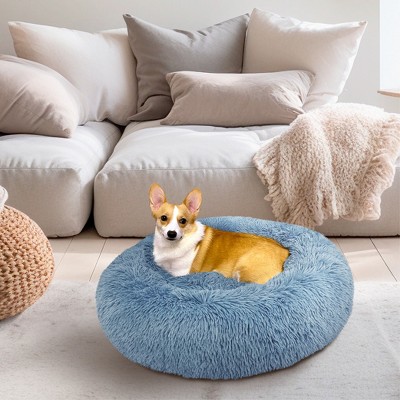 Dusty Blue Small Round Fluffy Plush Dog Bed