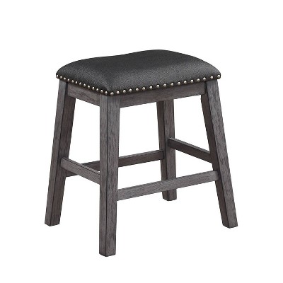 Set of 2 Wood and Leather Counter Height Barstools with Nailhead Trim Gray/Black - Benzara