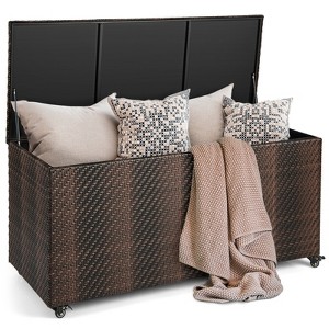 Tangkula 96 Gallon Outdoor Storage Box PE Wicker Deck Box with 4 Wheels & Waterproof Liner Patio Rattan Storage Container Mix Brown/Mix Grey - 1 of 4