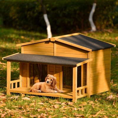VisioGear 47.2" Large Wooden Dog House Outdoor, Outdoor & Indoor Dog Crate, Cabin Style, With Porch, 2 Doors, Brown, 47.2"*37.4"*32"