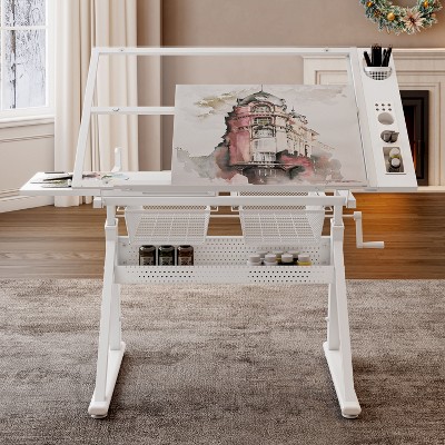 Okak Tempered Glass Adjustable Drawing Drafting Table with Storage & Stool,Hand Crank Drawing Drafting Desk for Artist
