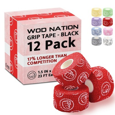 WOD Nation Bulk 12-Pack Weightlifting Hook Grip Tape, Comfortable & Stretchy Athletic Thumb Tape for Exercise (23ft/Roll)- Red