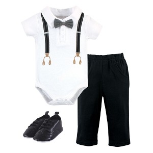 Little Treasure Baby Boy Cotton Bodysuit, Pant and Shoe 3pc Set, Black Brown Suspenders - 1 of 1