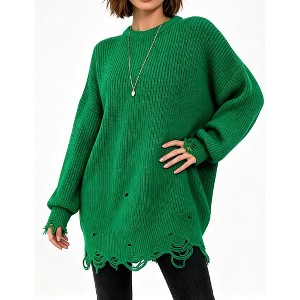Women Oversized Long Sleeve Distressed Frayed Hem Chunky Knit Tunic Sweater Dress, Green, S : Target