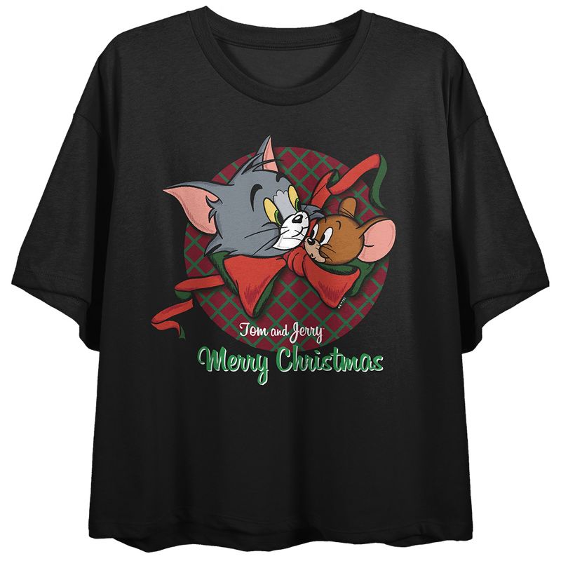 Tom & Jerry Hope Your Christmas Twinkles Crew Neck Short Sleeve Black Women's Crop Top, 1 of 5