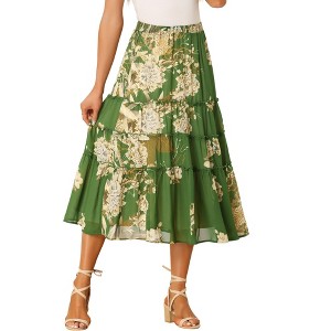INSPIRE CHIC Women's Floral Elastic Waist Tiered Ruffle Boho Midi Skirts - 1 of 4