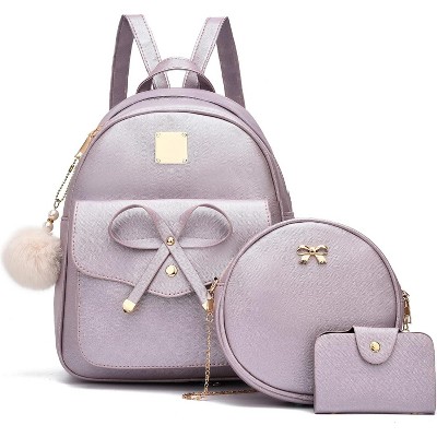 3-Pieces Girls Bowknot Fahsion Leather Backpack Backpack Purse for Women Rucksack