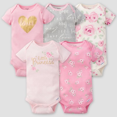 Gerber Baby Girls' 5pk Floral Short Sleeve Onesies - Pink/Off-White/Gray 12M