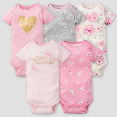 Image of Gerber Baby Girls' 5pk Floral Short Sleeve Onesies - Pink/Off-White/Gray 18M