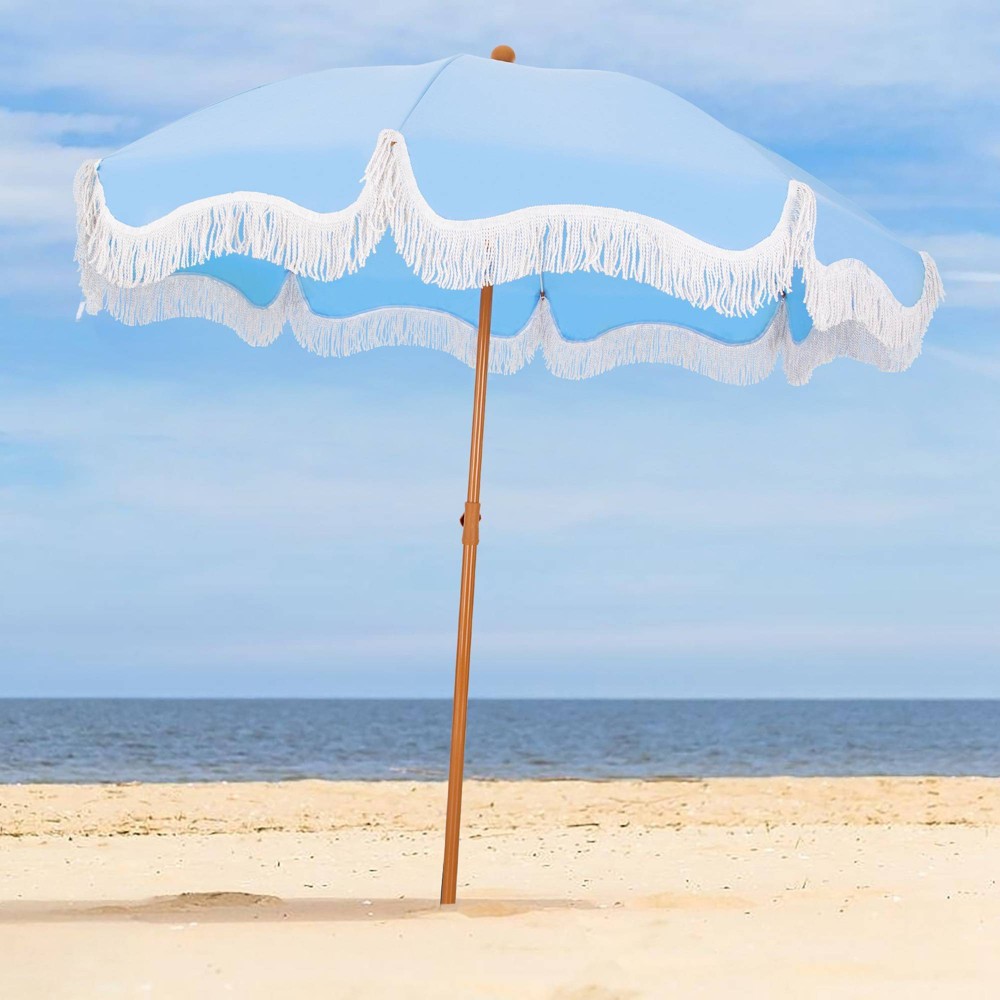 Photos - Parasol Captiva Designs 7ft Fringed Valance Tilt Patio Market Umbrella: UV Protection, Waterproof