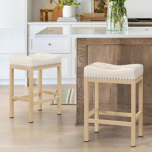 Arceso Bar stools Set of 2, 24 Inch Saddle Backless Faux Leather Counter Height Stools with Black Metal Legs - 1 of 4