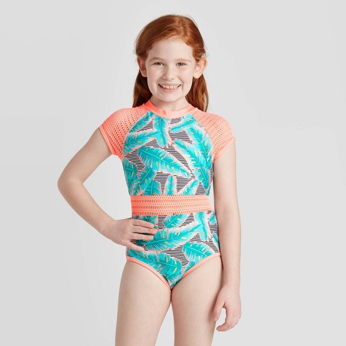 Girls Back Zipper Short Sleeve One Piece Swimsuit Art Class Coral Target