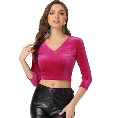 INSPIRE CHIC Women's Velvet V Neck 3/4 Sleeve Solid Crop Top