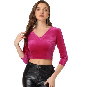 INSPIRE CHIC Women's Velvet V Neck 3/4 Sleeve Solid Crop Top - 1 of 4