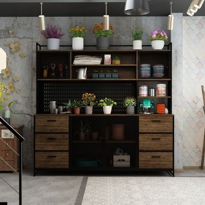 FUFU&GAGA Brown woodgrain Kitchen Cabinet Kitchen Sideboard Multi-Storage Space with Hanging Shelf