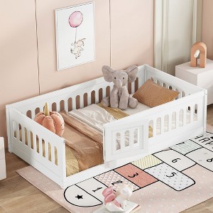 NicBex Twin/Full Size Kids Montessori Bed with Door and Slats,Floor Bed with Arched Fence Design,Toddler bed for Bedroom Playroom,White - 1 of 4