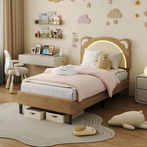 Twin XL Bed Frame for Kids,Upholstered Platform Bed Frame with Adjustable Headboard,Drawer & Led Light - 1 of 4