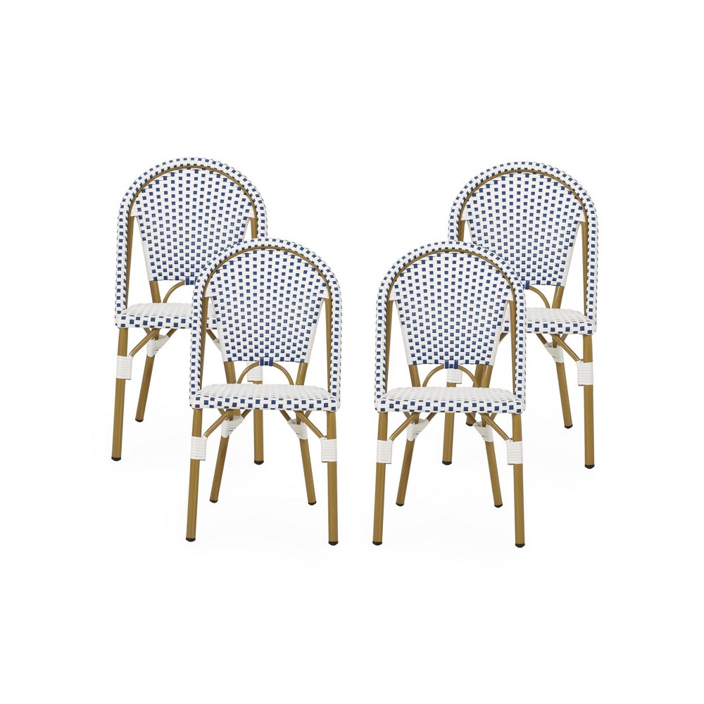 Photos - Garden Furniture Elize 4pk Outdoor French Bistro Chairs - Blue/White/Bamboo - Christopher K