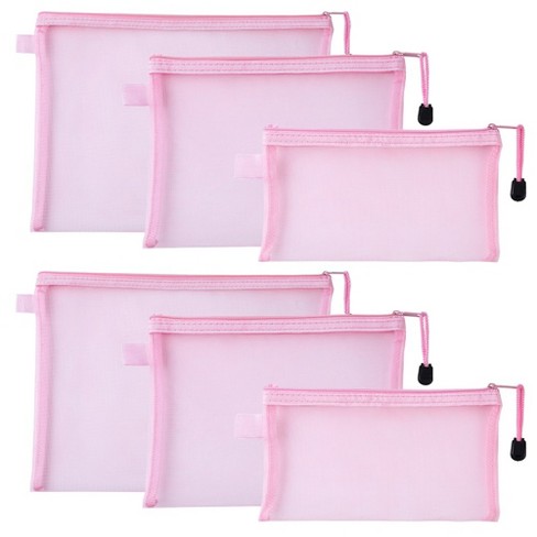 6pcs Multipurpose Nylon Mesh Transparent Cosmetic Bag Makeup Travel Cases  Pencil Case Travel Organizers Zipper File Bag Pink