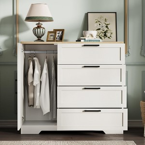 Wood Armoire Wardrobe Closet with 4 Drawers and Door, 43.3" Bedroom Cabinet, Hanging Rod, Clothing Storage Dresser - 1 of 4