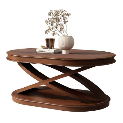 INFURNIC Coffee Tables Wood Oval Coffee Table with X Shaped Base and Open Storage for Living Room and Home Office, Brown, 44"*28"*17"