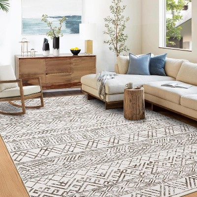 Washable Area Rugs Neutral Modern Living Room Rug Stain-Resistant Low Pile Non Slip Indoor Distressed Print Carpet