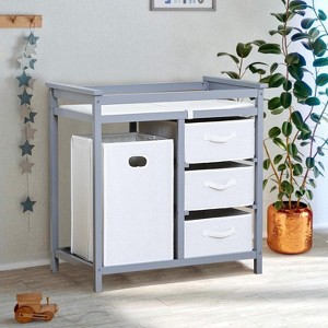 Wooden Baby Changing Table, Baby Changing Station Dresser with Laundry Hamper, Diaper Changing Table, 3 Drawer Basket for Baby Newborn Infant, Gray - 1 of 4