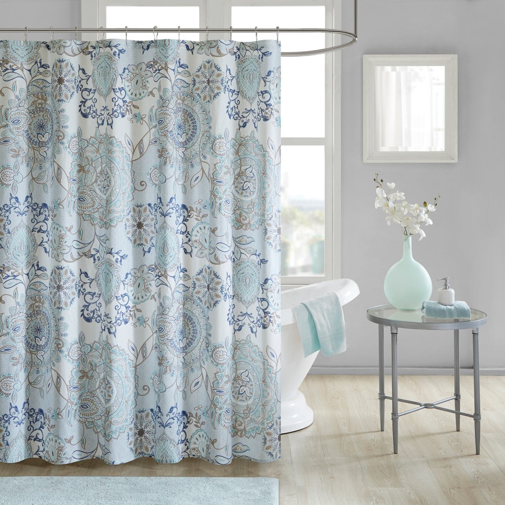 Photos - Shower Curtain 72"x72" Lian Printed Cotton  Blue - Madison Park: Botanical Percale, Easy Care, Machine Washable