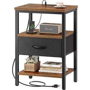 Nightstand with Charging Station, Bed Side Table with Adjustable Fabric Drawer, 3-Tier Storage - 1 of 4