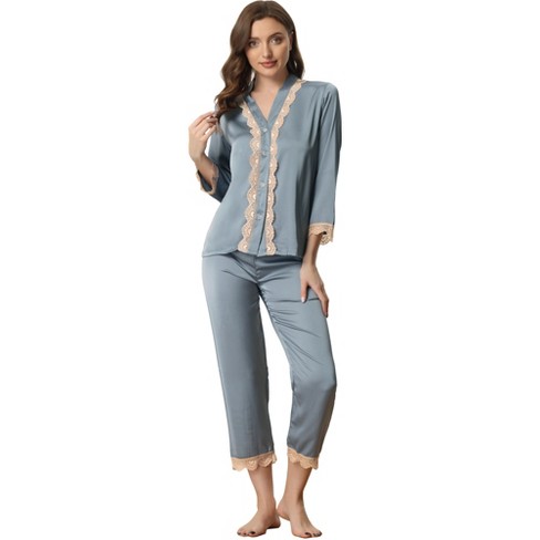 Cheibear Womens Long Sleeve Lace Trim Satin Button Shirt Pants Matching  Couple Pajama Sets Sleepwear : Target