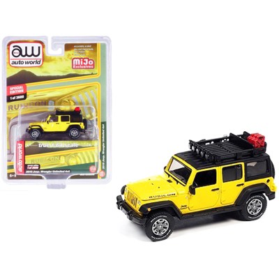 2018 Jeep Wrangler Rubicon Unlimited 4x4 Yellow & Black w/Roof Rack Ltd Ed 3600 pcs 1/64 Diecast Model Car by Autoworld