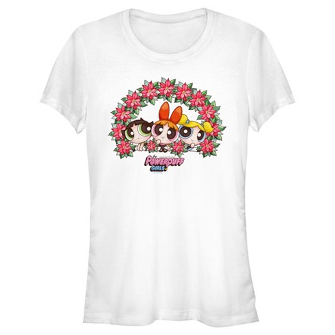 Juniors Womens The Powerpuff Girls Christmas Poinsettia Wreath T-Shirt - image 1 of 4