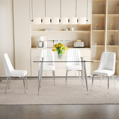 51.2" Modern Glass Dining Table Set with 4 Upholstered Chairs and Metal Legs, Rectangular Table for Kitchen or Dining Room -3irtyhousy