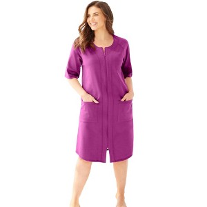 Dreams & Co. Women's Plus Size Short French Terry Zip-Front Robe - 1 of 4