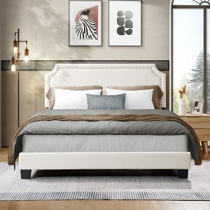Racxily Verona Platform Bed, Linen Upholstered with Nailhead Trim & Slatted Base - 1 of 4