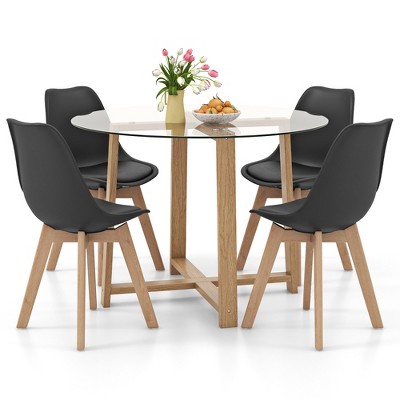 Tangkula 5 PCS Dining Table Set for 4 w/ Solid Wood Legs Tempered Glass Tabletop Modern Black