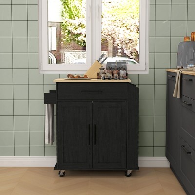 Black Wood Kitchen Cart with Spice Rack and Storage