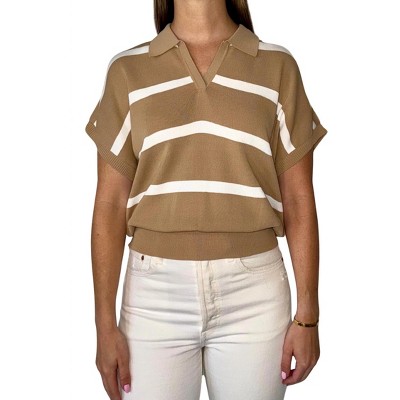 Women's Collar Ribbed Striped Sweater Top - OLIVACEOUS