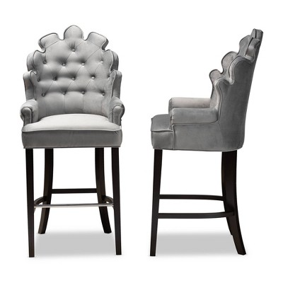 Chloe Dark Grey Velvet and Wood Barstool Set