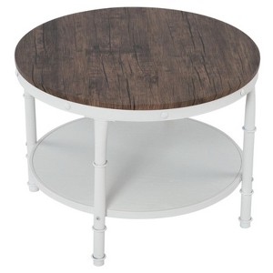 25.2in Double-layer Round Dark Walnut-colored Black-veined MDF Panel, White Wrinkled Baked Iron Frame, Industrial Style Coffee Table - 1 of 4